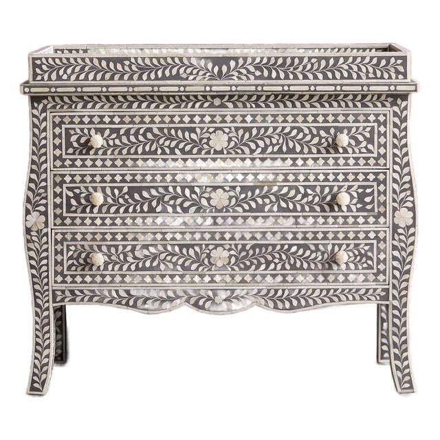 French Bombay Style Arabesque Bone Inlay Changing Table Grey -by House of Jaipur For Sale