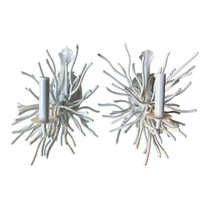 Vintage Pair Palm Beach Coral Metal Tole Wall Sconces Lights Newly Wired White