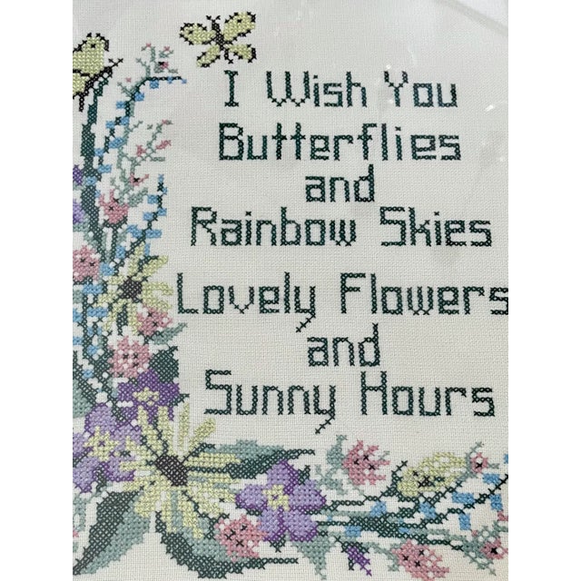 Victorian Mid-Century Framed Cross Stitch Flowers & Butterflies Textile Art For Sale - Image 3 of 7