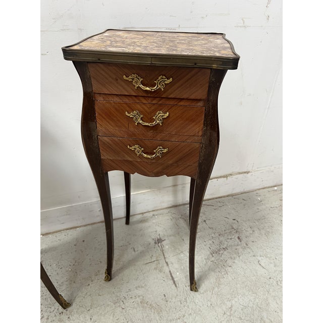 Small Louis XV Style Marquetry Commodes with Marble Tops, 1900s, Set of 2 For Sale - Image 11 of 13