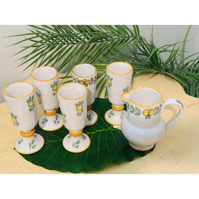 Vintage Hand Painted Lemons Designed Set of Wine Cups & Pitcher Made in Spain Signed - Set of 6 For Sale In Miami - Image 6 of 10