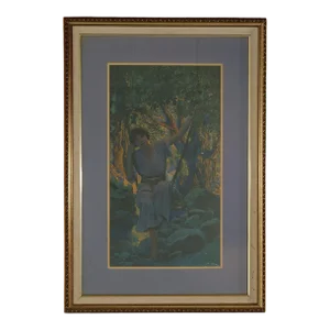 Early 20th Century Large Maxfield Parrish "Dream Light" Art Deco Edison Mazda Calendar Top c1920, Framed