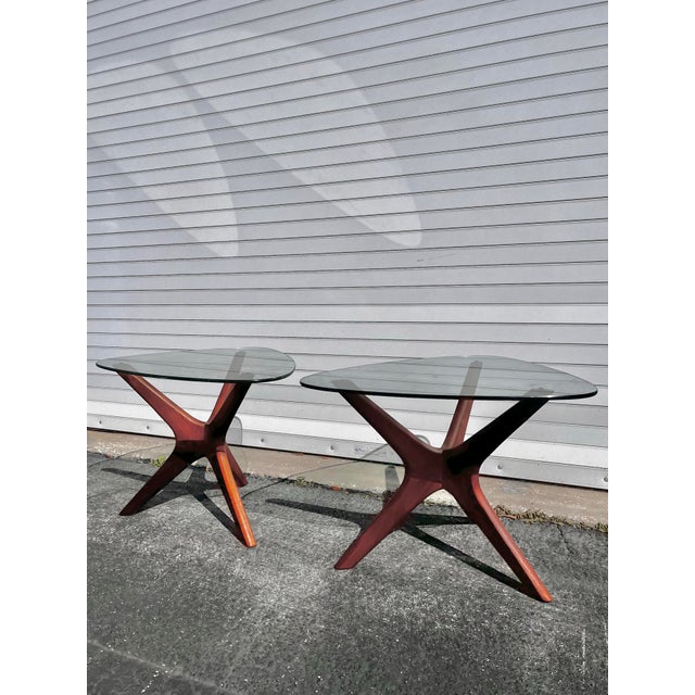 Adrian Pearsall pair of ‘Jacks’ side tables. A classic design with solid sculpted legs and original triangular glass tops....
