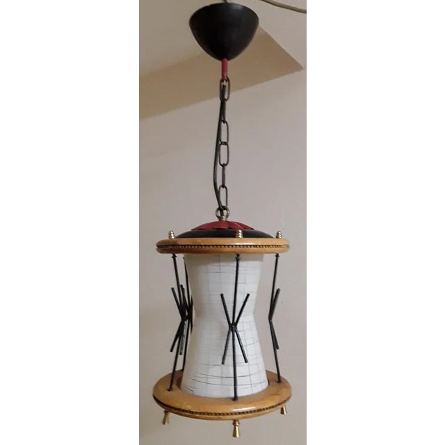 Mid-Century Modern German Pendant Lamp with Frame Maple Wood, in Very Good conditions. Designed 1950 to 1959 European Plug...