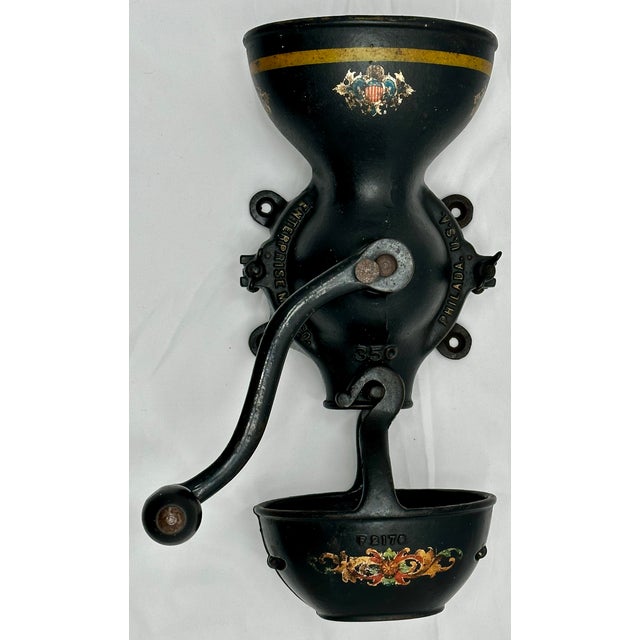 Late 19th Century Rare Large Size Antique Enterprise #350 American Cast Iron Wall Mount Hand Crank Coffee Grinder For Sale - Image 5 of 18