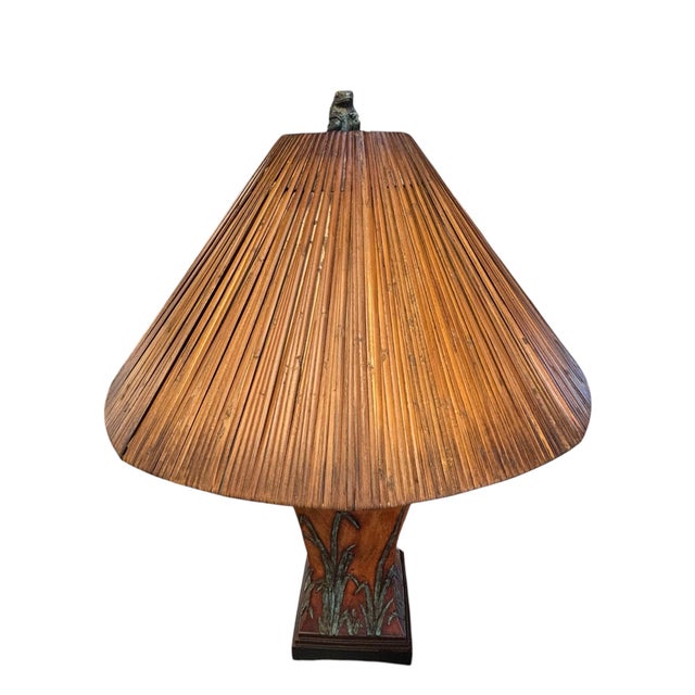 Terra Cotta Sculptural Nature-Inspired Table Lamp With Ribbed Bamboo Shade, Dragonfly and Frog Finial For Sale - Image 8 of 11