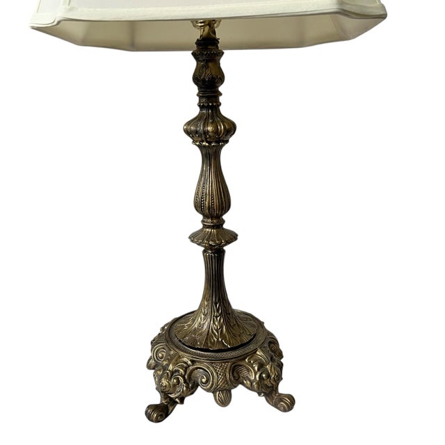 Mid Century Gilt Metal Footed Baroque Style Lamps and Shades - A Pair For Sale - Image 6 of 10