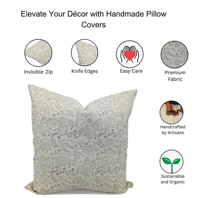 Fabdivine Indian Block Print Cushion Cover 18x18 Inch Duck Canvas-Forest Deer For Sale - Image 4 of 4