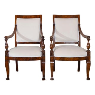 19th Century Pair of Italian Empire Armchairs in Mahogany with White Velvet Upholstery, Genoa For Sale