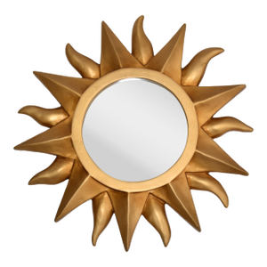 1980s Round Bohemian Sunburst Carved Wood Wall Mirror Gold Finish