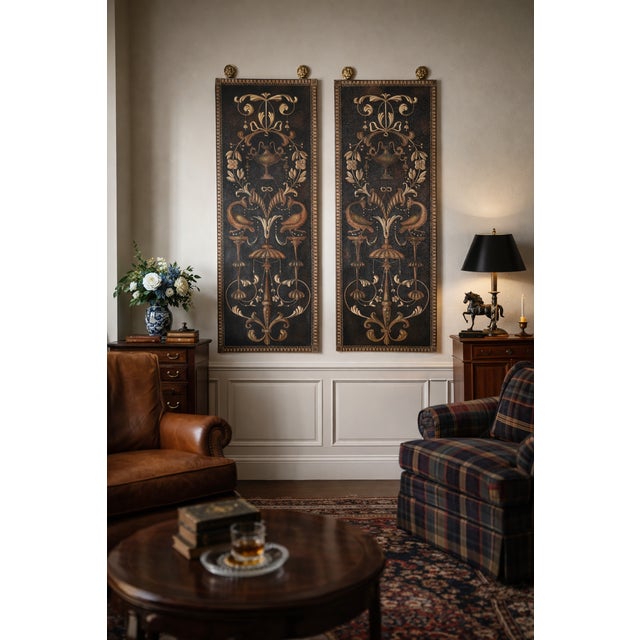 Pair Of Maitland Smith Hand Painted Wall Panels With Brass Lion Finials This pair of hand painted wall panels by Maitland...