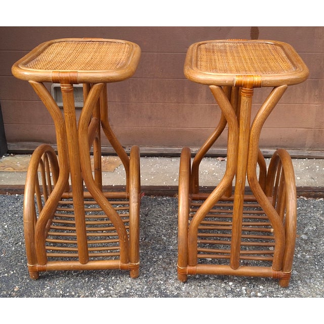 Boho Chic Pair of Mid 20th Century Bohochic Rattan Magazine Rack Side Tables For Sale - Image 3 of 9