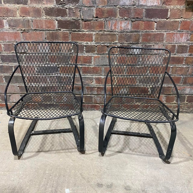 Salterini Style Pair of Cantilevered Bouncers Black Wrought Iron and Metal Mesh Midcentury Modern For Sale - Image 11 of 11