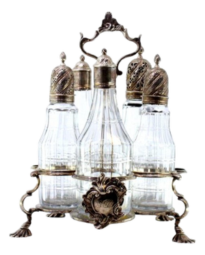 Cruet Set with Silver Structure and Pepper and Salt Shaker and Cinnamon Shaker in Cut Glass, Set of 4