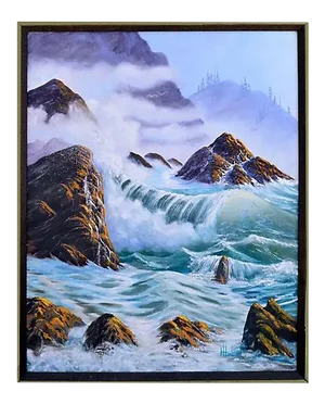 1980s "Crashing Waves" Seascape Oil Painting, Framed