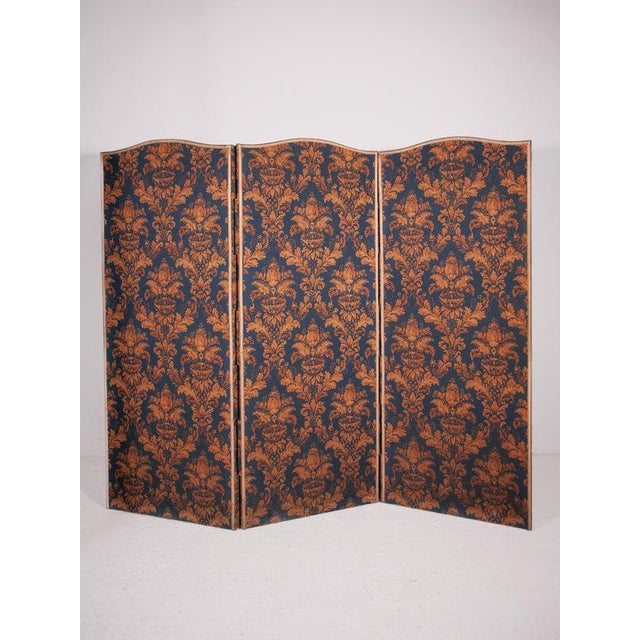 Antique Room Divider Paravent Folding Screen with Blue and Gold Fabric, 1900 For Sale - Image 10 of 11