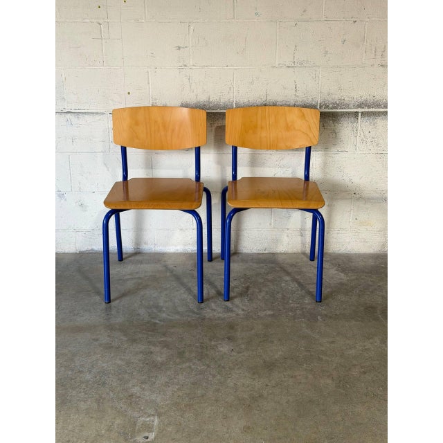 Mid-Century Modern Blue Tubular Steel Stacking Chairs Set of 2 European Vintage Mid-Century Modern 1970s For Sale - Image 3 of 11