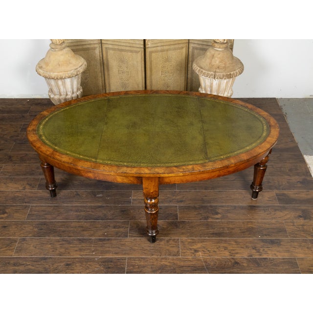 English 19th Century Mahogany Table with Green Leather Oval Top and Turned Legs For Sale - Image 11 of 12