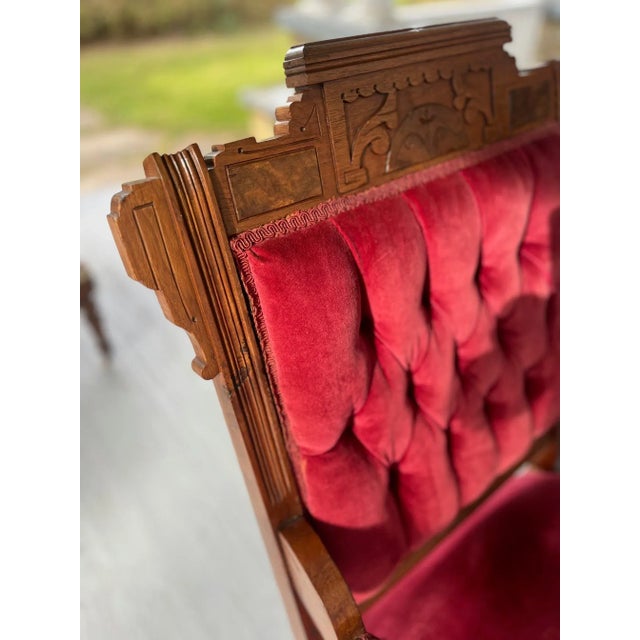 Late 19th Century Velvet Victorian Chair set. Captains chair has unique arm details. Handsome proportions as well as Burl...