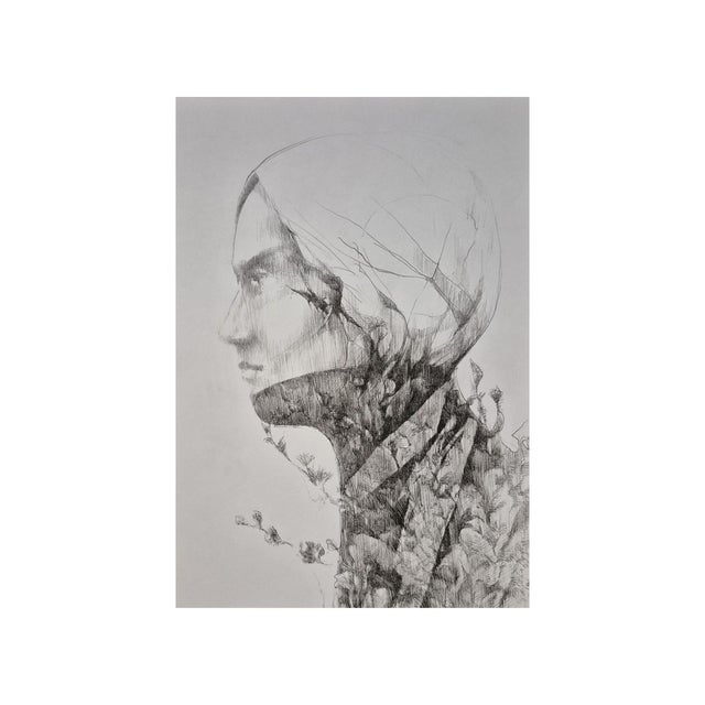 Faces - profile with flowers contemporary portrait: original ink drawing on paper by rafał kolinski this artwork is a...