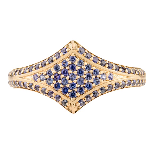 Unique Blue Sapphire Pave Set Statement Ring in 14k Solid Gold Size 6.5 For Sale