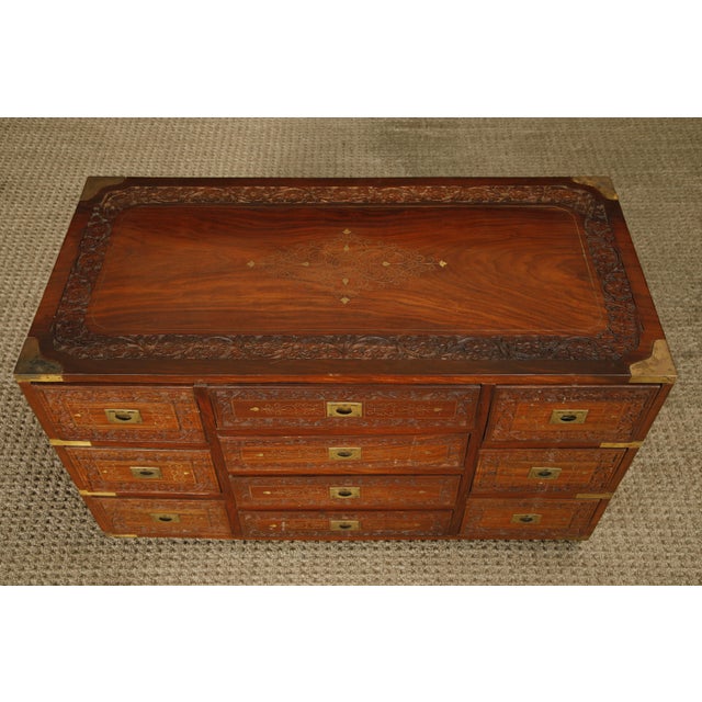 1970s Vintage Campaign Style Inlaid Walnut Dresser Chest, Brass Inlay Carved Wood 10 Drawer Cabinet For Sale - Image 5 of 18