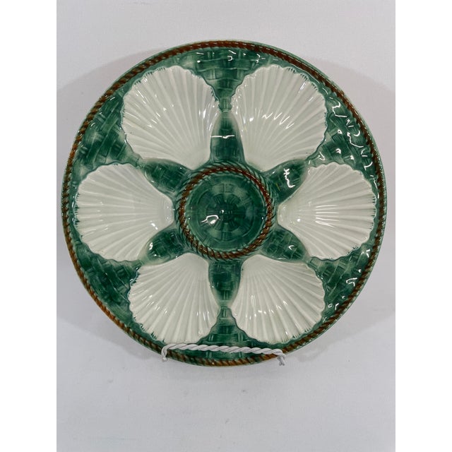 Vintage 1950s French Longchamp Green and White Oyster Plate For Sale - Image 12 of 16