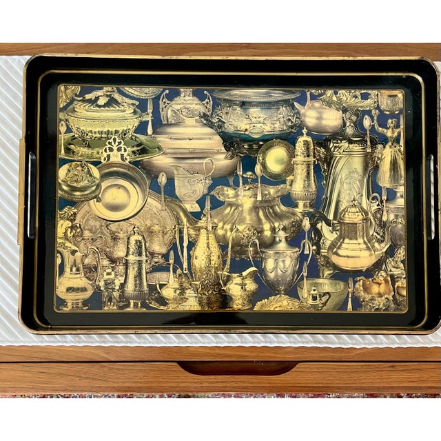 Great visual in this bespoke serving tray in the manner of Fornasetti. Tray made by Sally Designs, Glencoe, IL and artist...