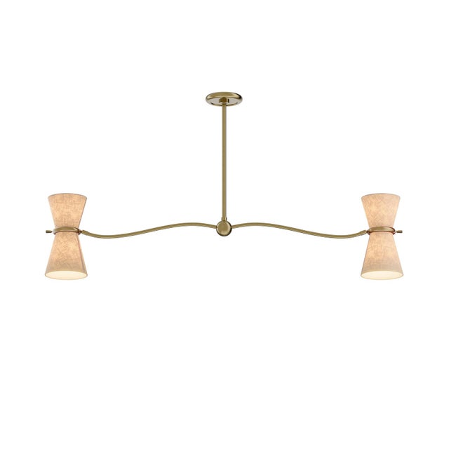 Mid-Century Modern Gable Linear Chandelier, Antique Natural Brass with Oyster Shade For Sale - Image 3 of 7