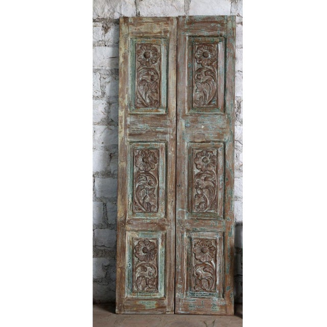 Antique Floral Carved Double Barn Doors in Distressed Blue – Handcrafted Wood Doors 80x32 For Sale - Image 4 of 5