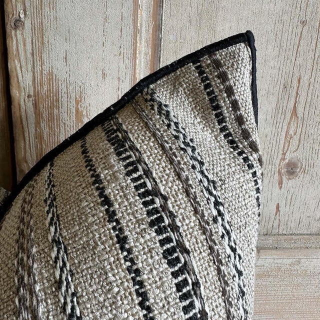 Custom Linen and Wool Blend Black Textured Stripe Pillow With Down Insert For Sale In Los Angeles - Image 6 of 6