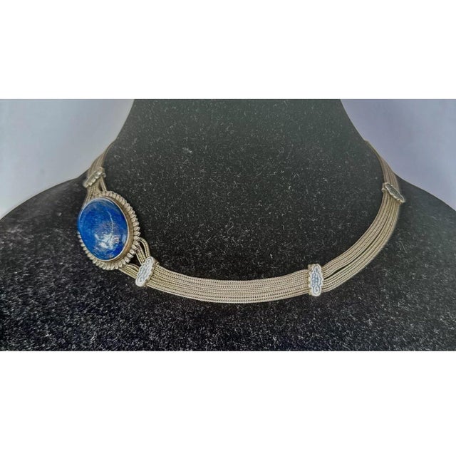 Vintage Mid Century 1950s Silver Necklace Pendant Lapis Lazuli Cabochon Gemstone Collar Choker Blue Handmade For Sale - Image 4 of 12