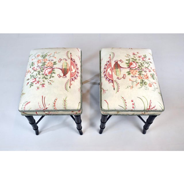 Baker Furniture Company Vintage Pair of Faux Bamboo Ottomans Benches Stools Floral New Upholstery For Sale - Image 4 of 12