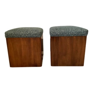 Pair of Late 20th Century Storage Ottomans; Wood, Upholstered Blue Tops For Sale