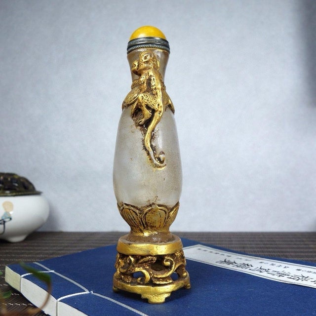 Gold Vintage Gilt Glass Snuff Bottle With Monkey Motif and Stand For Sale - Image 8 of 9