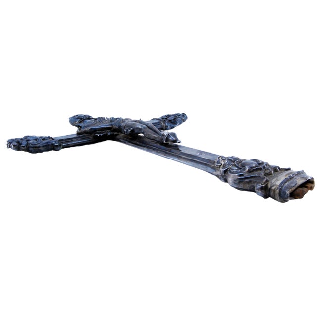 Silver Crucifix with Wooden Interior with Reliefs For Sale - Image 9 of 9
