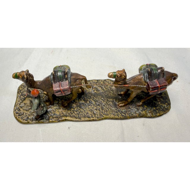 Metal Antique 19th Century Mini Cold Painted Austrian Vienna Bronze Man 2 Camel Statue For Sale - Image 7 of 12