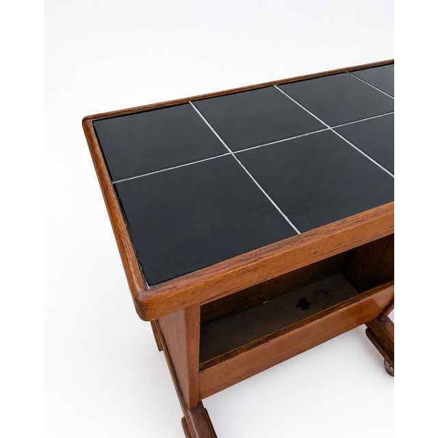 Black Serving Trolley in Oak Wood with Black Tile Top and Wheels, 1950s For Sale - Image 8 of 10