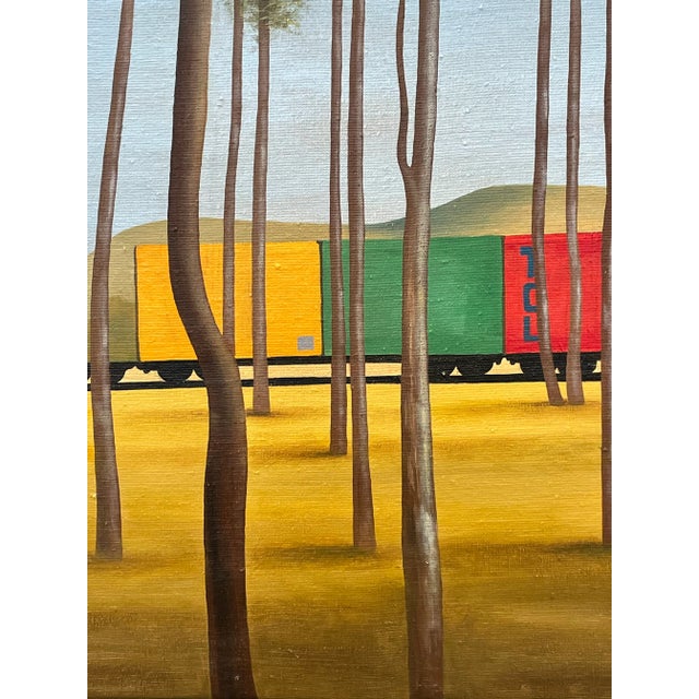 Contemporary Train and Landscape Painting In the Style of Jeffrey Smart, Framed For Sale - Image 9 of 10