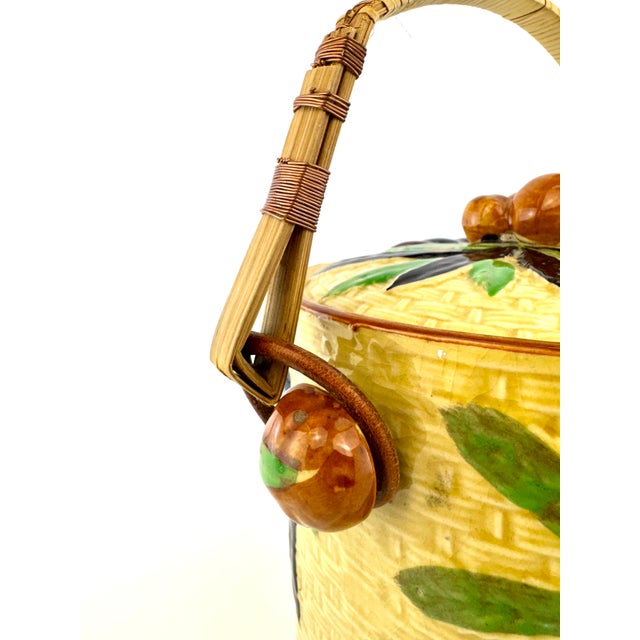 Vintage Japanese Majolica Fruit & Basket Weave Biscuit Jar With Rattan Handle For Sale - Image 10 of 13