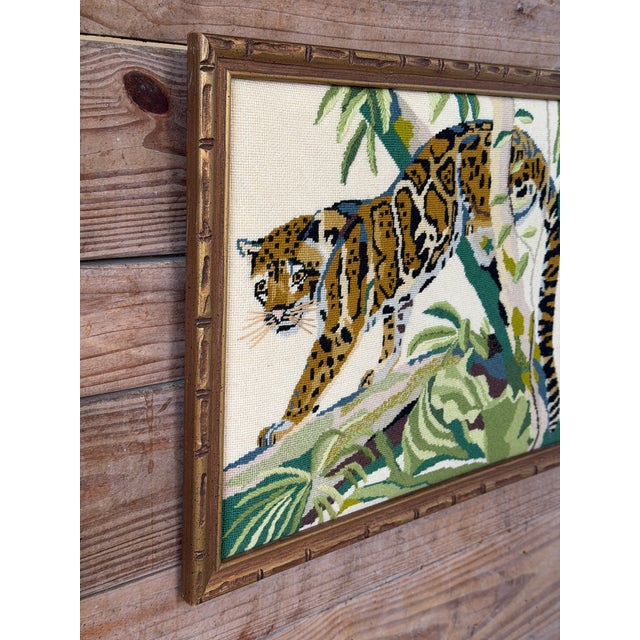 Vintage Leopard Jungle Needlepoint Textile Art in Faux Bamboo Frame For Sale - Image 4 of 11