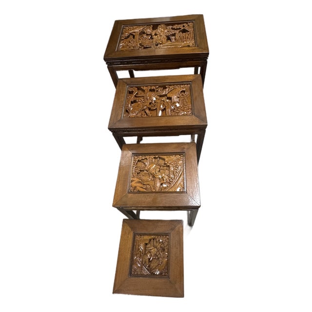 1960s Oriental Hollywood Regency Heavy Carved Nesting Tables, Set of 4 For Sale