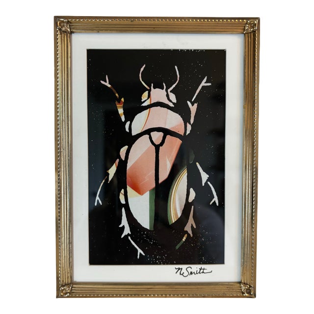 Gem Beetle (Mixed Media Linocut Print) Signed and Framed For Sale