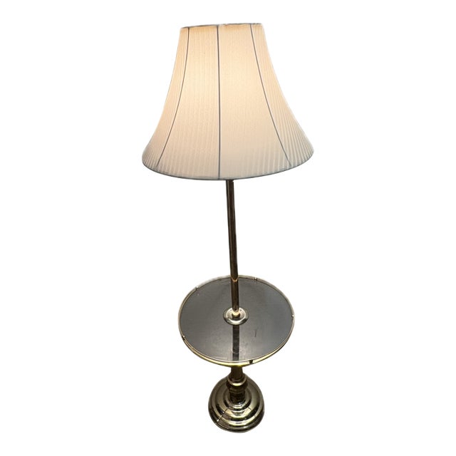 Vintage Stiffel Style Solid Brass Floor Lamp With Integrated Round Glass Side Table For Sale