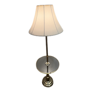 Vintage Stiffel Style Solid Brass Floor Lamp With Integrated Round Glass Side Table