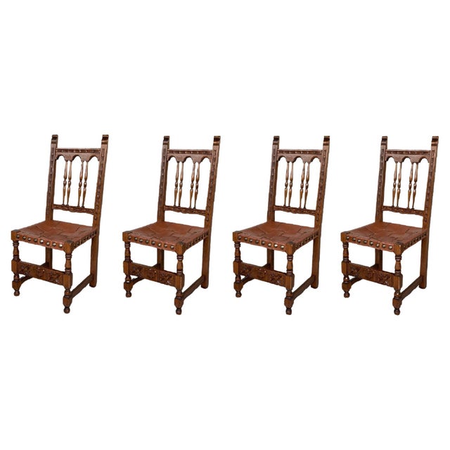 19th Set of Four Spanish Carved Chairs with Leather Seat and Back For Sale - Image 10 of 18