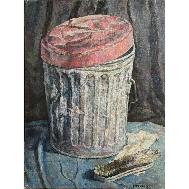 Tan Vintage Outsider Art Still Life With Trash Can and Brush by Anthony Ferrera, Signed (1952, Oil on Board)/Lucien Freud For Sale - Image 8 of 8