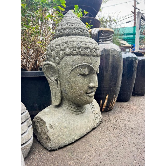 Beautiful vintage hand carved solid stone garden Buddha bust. Perfect peaceful addition for your outdoor space.
