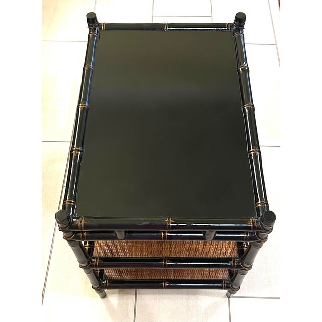 Black Vintage Chinoiserie Tiered Coffee Table With Serving Tray and Gold Metal Handles, Tiers Lined With Woven Cane, Faux Bamboo Legs and Floral Motifs For Sale - Image 8 of 12