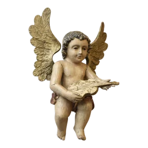 Antique Polychrome Carved Wood Cherub Wall Sculpture, Circa Late 19th Century